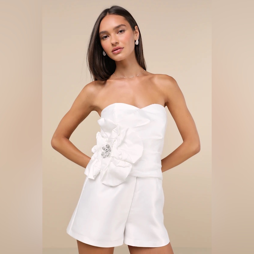 Nwt Feeling Incredible White Taffeta Applique Strapless Romper Bridal